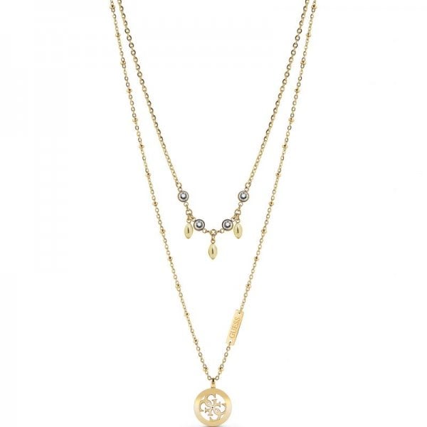 Guess Double Chain Crystal Gold Encrusted Charm Necklace