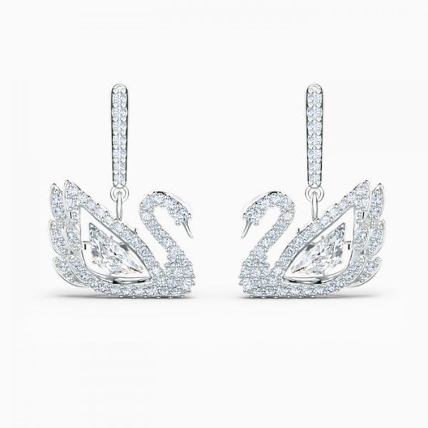 DANCING SWAN PIERCED EARRINGS, WHITE, RHODIUM