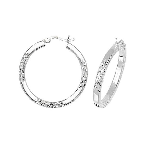 Silver 25mm Diamond Cut Hoop Earrings
