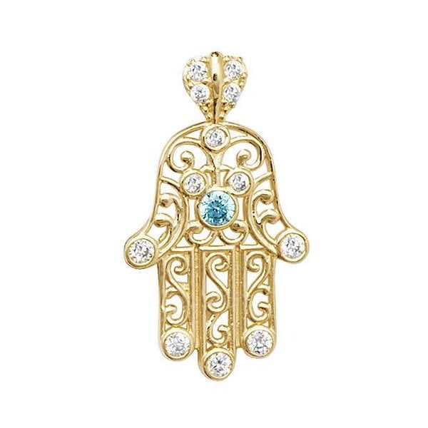 9ct Yellow Gold Hamsa Blue CZ Pendant