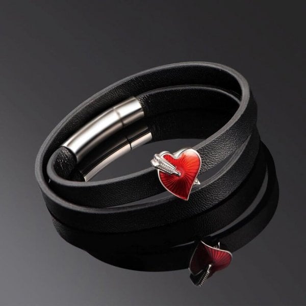 Enamel Faux Leather Bracelet with Red Heart