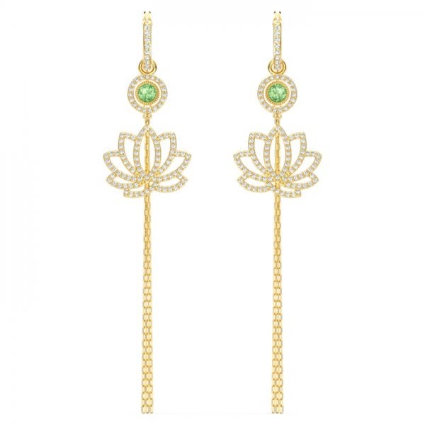 Symbolic Lotus Pierced Earrings, Green, Gold-tone