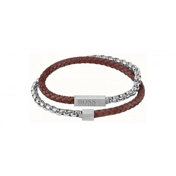 Men's Brown Leather And Steel Chain Bracelet