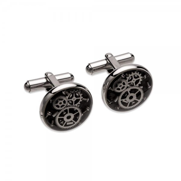 Stainless Steel Cog Cufflinks Black Carbon Fibre