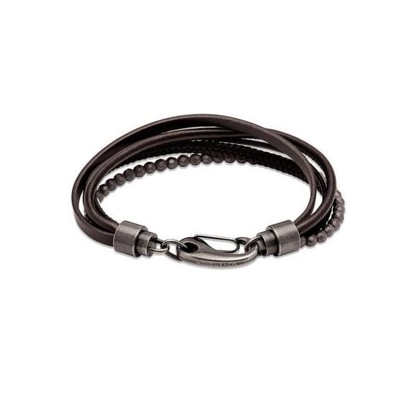 Black Leather Bracelet - Hematite Beads