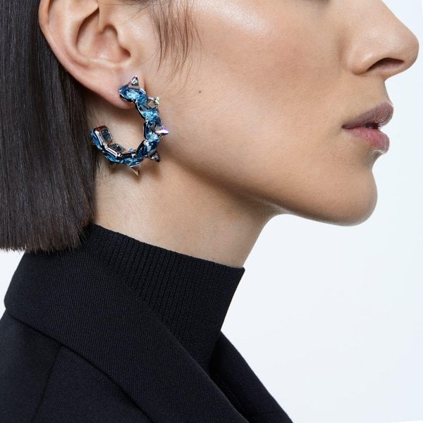 Chroma hoop earrings Blue, Rhodium plated