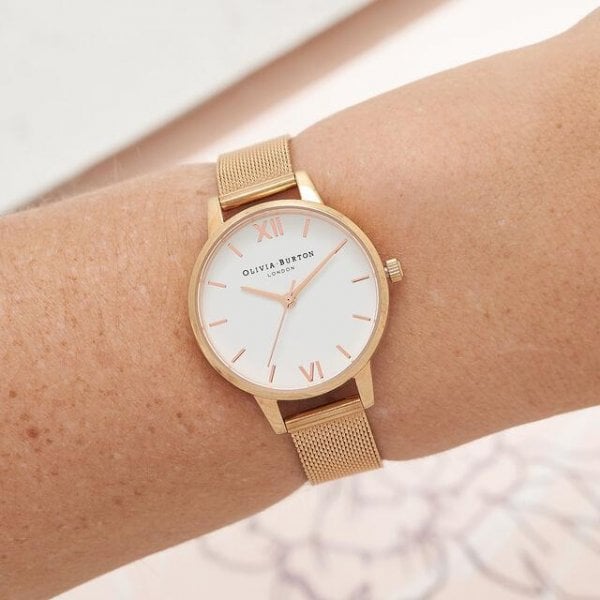 White Dial Rose Gold Mesh Watch