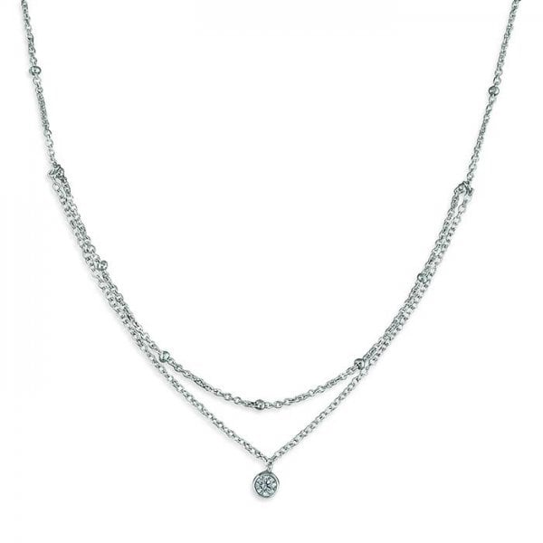SIL.NECKLACE: 36-41CM BEAD CHAIN/CZ DBL CHN