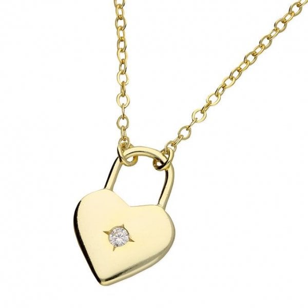 SIL.NECKLACE: YEL GP 40-45CM CZ PADLOCK HEART