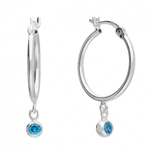 Silver December Birthstone Blue Topaz Hinged Hoops