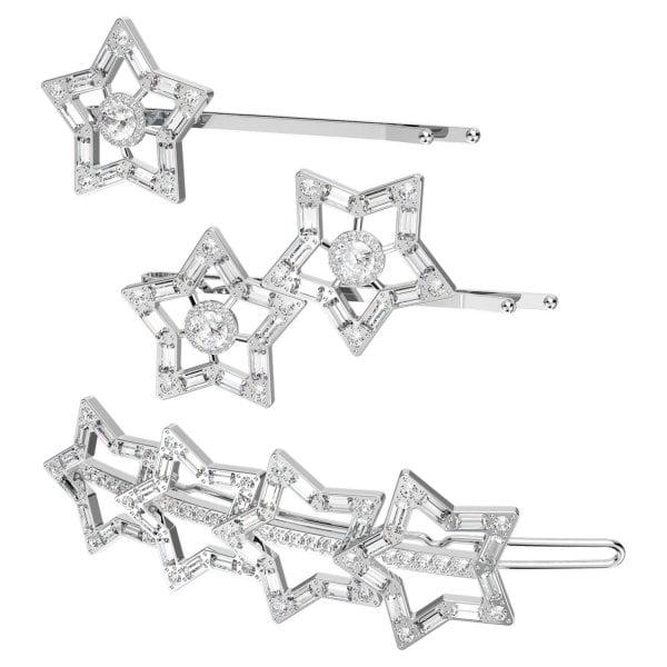 Hair Clip Set (3), White, Rhodium plated