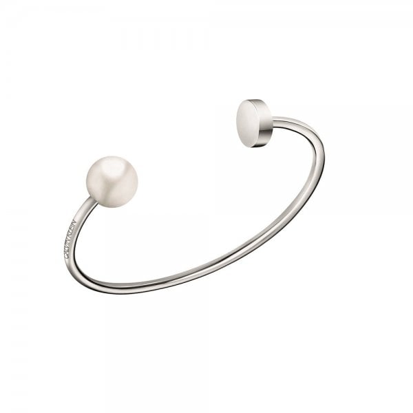 Ladies Bubbly Stainless Steel & Pearl Open Bangle - Size M