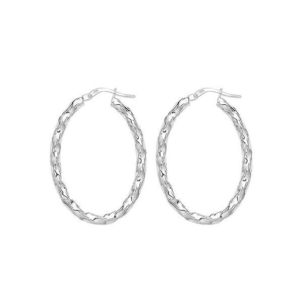 Silver Oval Diamond Cut Hoop Earrings