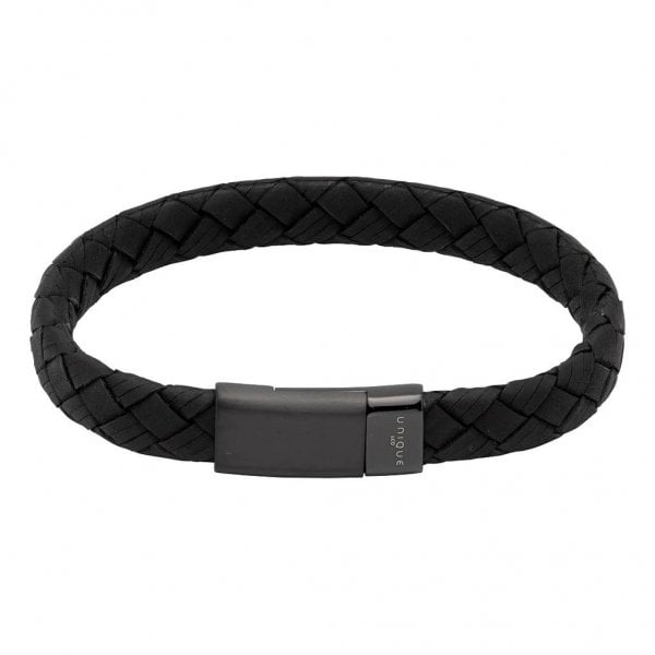 UNIQUE & CO MENS WIDE BLACK LEATHER BRACELET