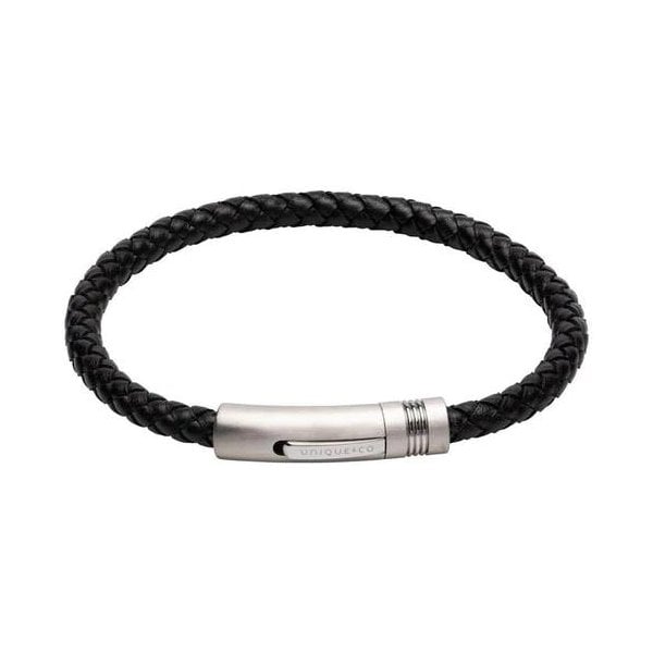 MATTE STAINLESS STEEL BLACK LEATHER BRACELET