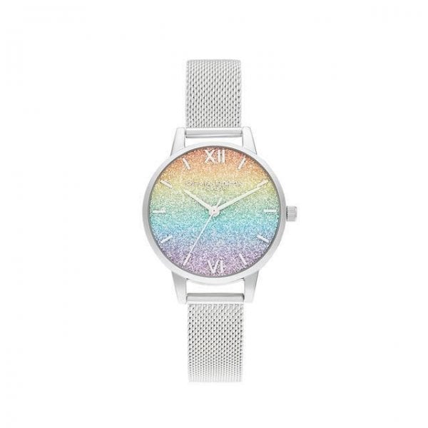 Rainbow Glitter Midi Dial Silver Mesh Watch