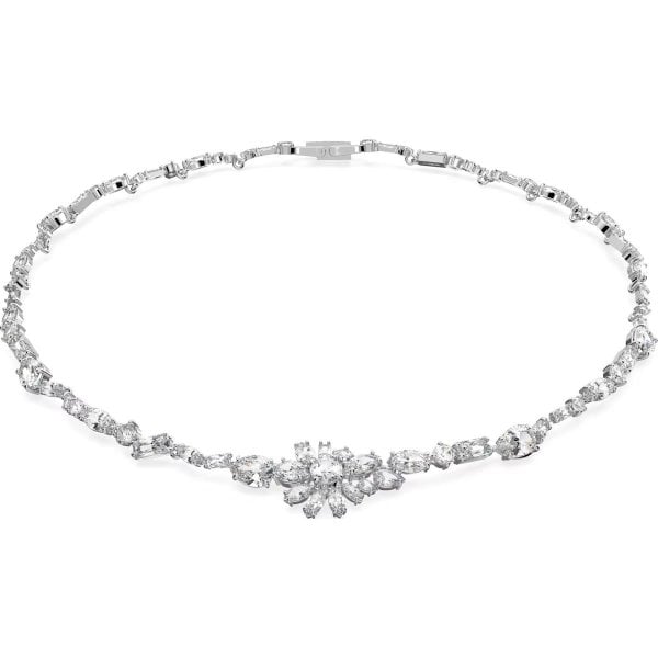 Gema necklace, Mixed cuts, Flower, White, Rhodium