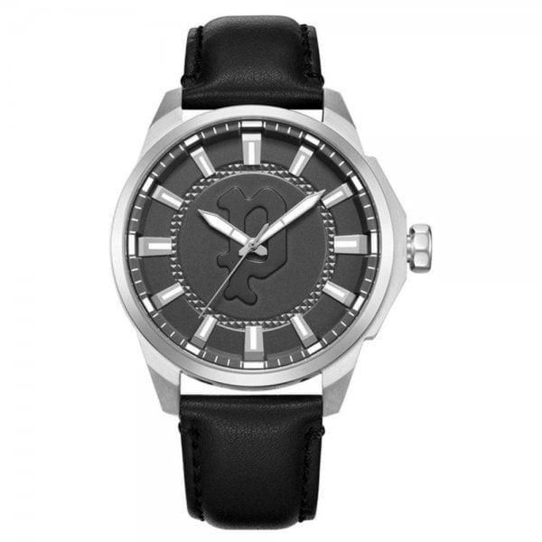 Gunmetal Grey Dial & Black Leather Men's Watch