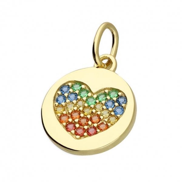 Yellow gold plated disc w/ zirconia rainbow heart