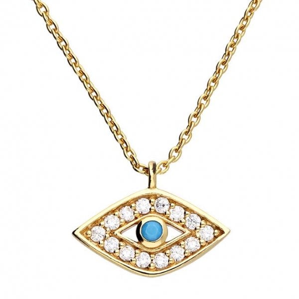 Yellow gold plated turquoise and white cubic evil