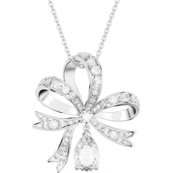 Volta pendant, Bow, Large, White, Rhodium plated