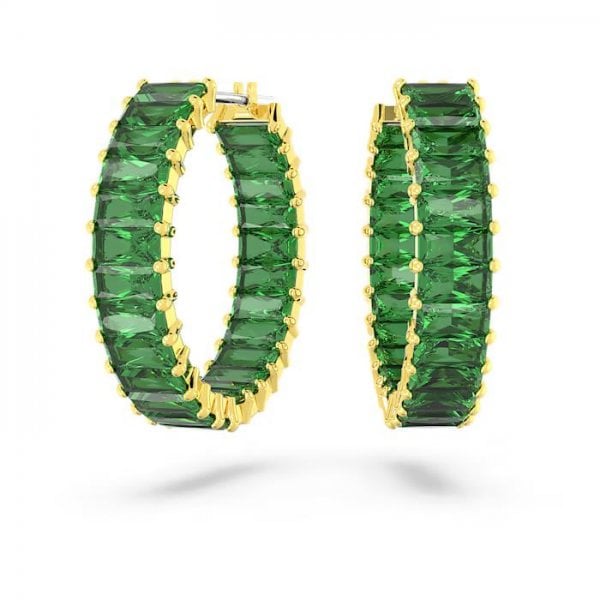 Matrix hoop earrings, Baguette cut, Green, Gold