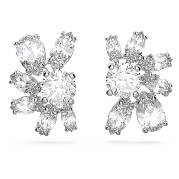 Gema stud earrings, Flower, White, Rhodium plated