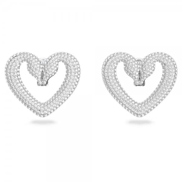 Una clip earrings, Heart, Large, White, Rhodium