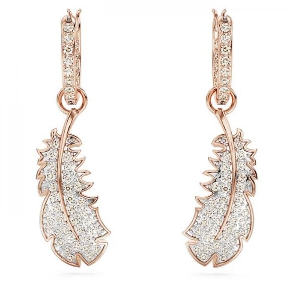 Nice drop earrings, Feather, White, Rose gold-tone