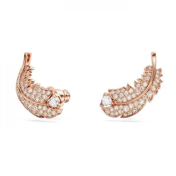 Nice stud earrings, Feather, White, Rose gold-tone