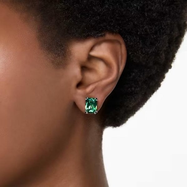 Matrix stud earrings, Rectangular cut, Green, Gold