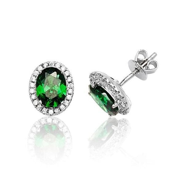Silver Claw Set Halo Style Green CZ Studs
