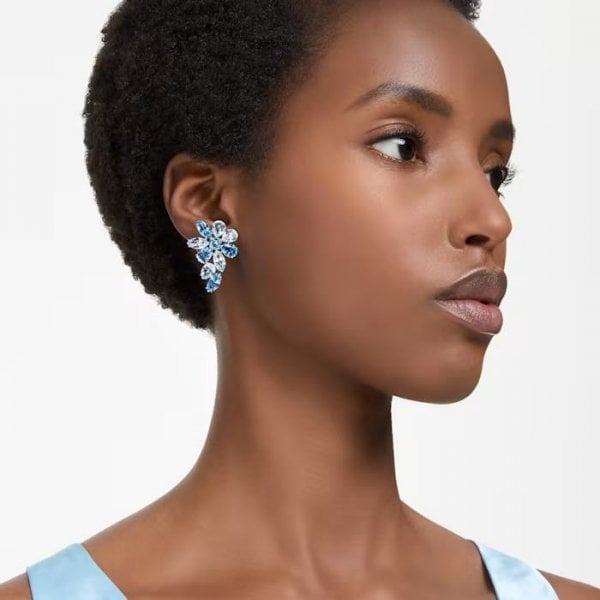 Gema drop earrings, Mixed cuts, Flower, Blue