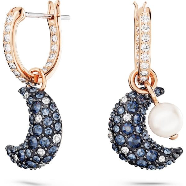 Luna drop earrings, Asymmetrical, Moon, Rose Gold