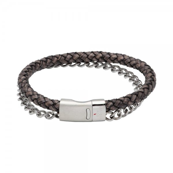 Antique Black Leather Bracelet with Steel Chain