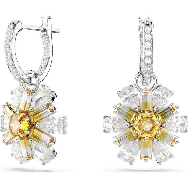 Idyllia drop earrings, Flower, Yellow, Rhodium