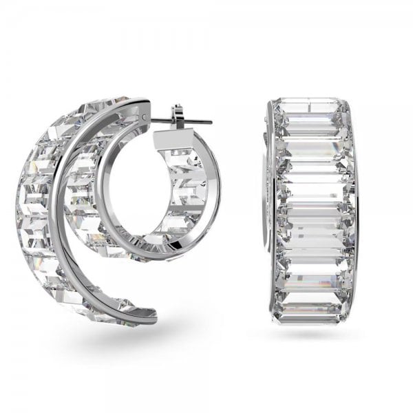 Matrix hoop earrings, Baguette cut, White, Rhodium