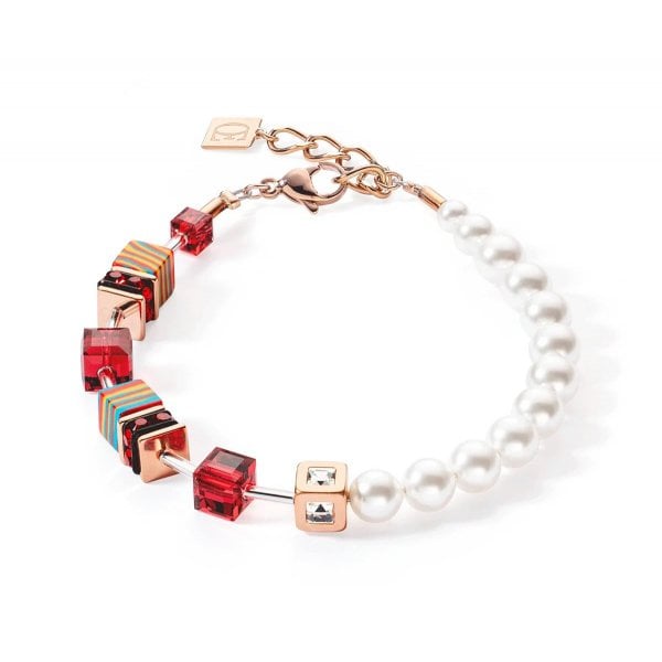 Red Geocube and Pearl Bracelet