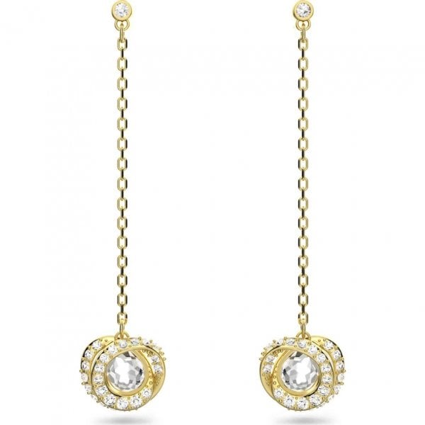 Generation drop earrings, Long, White, Gold-tone
