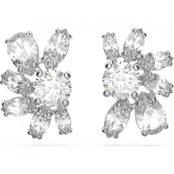 Gema stud earrings, Flower, White, Rhodium plated