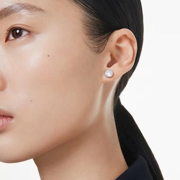 Imber stud earrings, Round cut, White, Rhodium