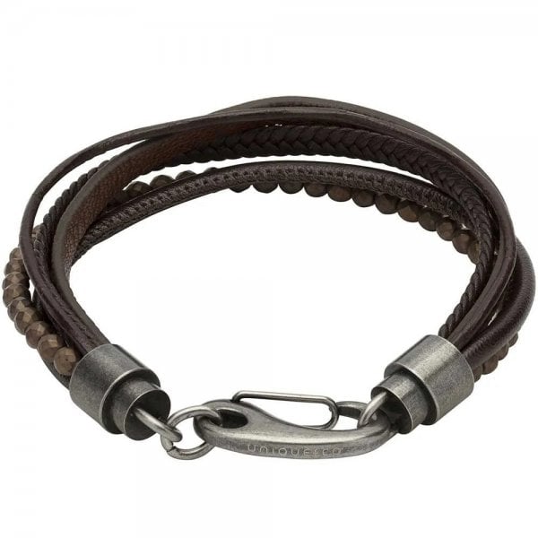 Gents Gun Metal Brown Leather Bracelet