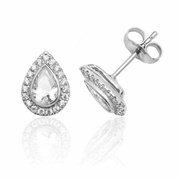 Halo Style Pear Shape CZ Stud Earrings