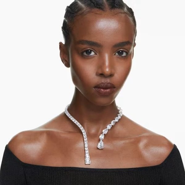 Matrix open necklace, Mixed cuts, White, Rhodium