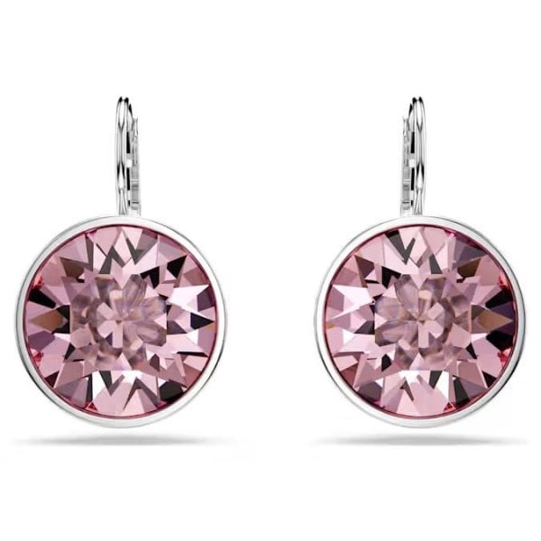 Bella drop earrings, Round cut, Pink, Rhodium