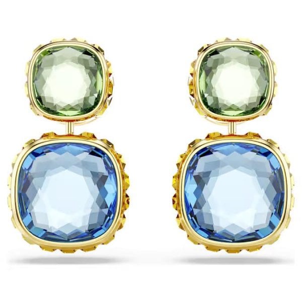 Chroma drop earrings, Cushion cut, Gold-tone