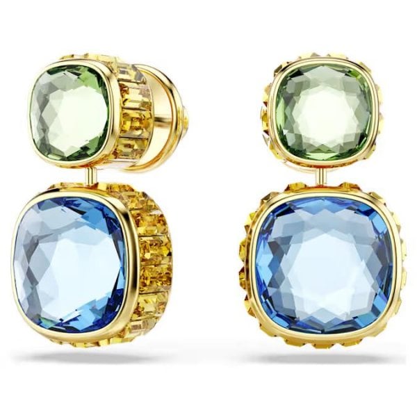 Chroma drop earrings, Cushion cut, Gold-tone