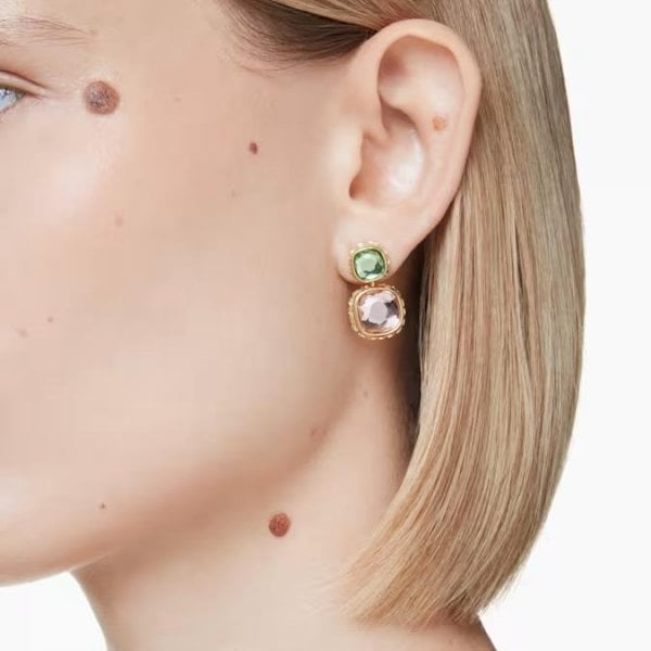 Chroma drop earrings, Cushion cut, Gold-tone