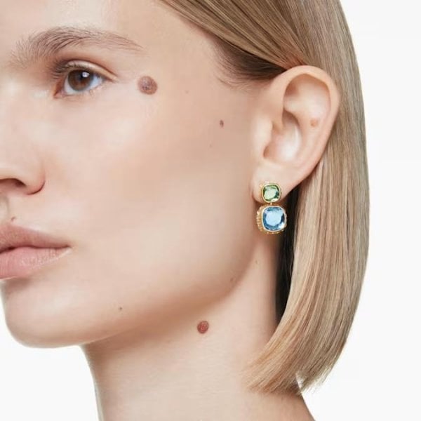 Chroma drop earrings, Cushion cut, Gold-tone