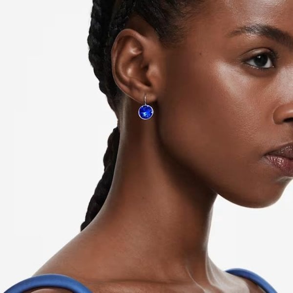 Bella drop earrings, Round cut, Blue, Rhodium